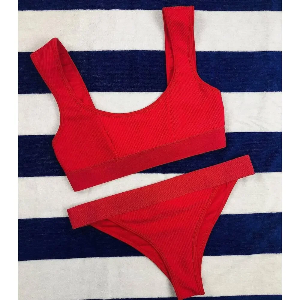 Frankies Bikinis Drew Ribbed Bikini Top - Red - Large - NWT